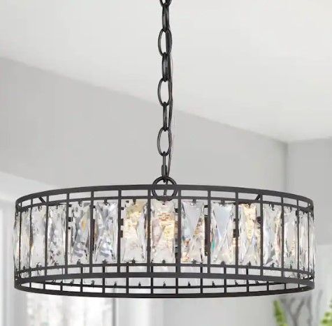 Photo 1 of Cristallo 3-Light Modern Black Chandelier Transitional Empire Dining Room Island Drum Chandelier with Crystal Shade
