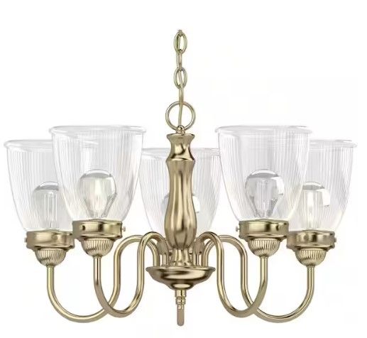 Photo 1 of 5 Lights Polished Brass Chandelier with Clear ribbed glass shades
