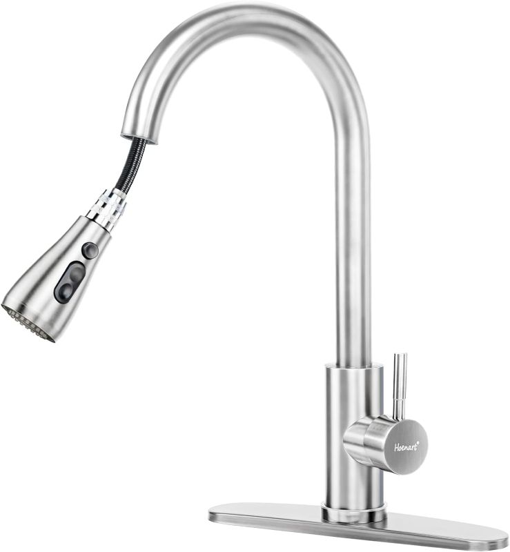 Photo 1 of Kitchen Faucet with Pull Down Sprayer, High Arc Brushed Nickel Stainless Steel Kitchen Sink Faucet, 1 or 3 Hole Single Handle Kitchen Faucets with Deck Plate 10 Inches
