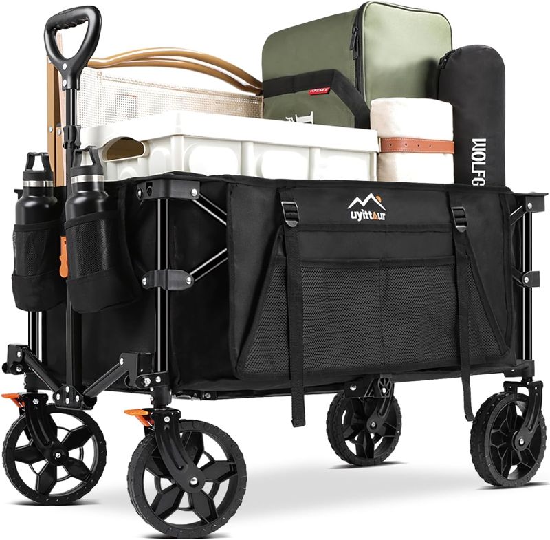 Photo 1 of Wagon Cart Heavy Duty Foldable, Collapsible Folding Wagon with Compact Folding Design, Utility Grocery Wagon with Side Pocket and Brakes for Shopping, Sports, Camping and Garden
