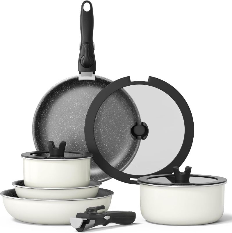 Photo 1 of Motase 12 Pieces Kitchen Nonstick Cookware Sets with Removable Handle, Stackable Pots and Pans Set Nonstick for Induction Gas RVs Camping Space Saving, White 12-piece White