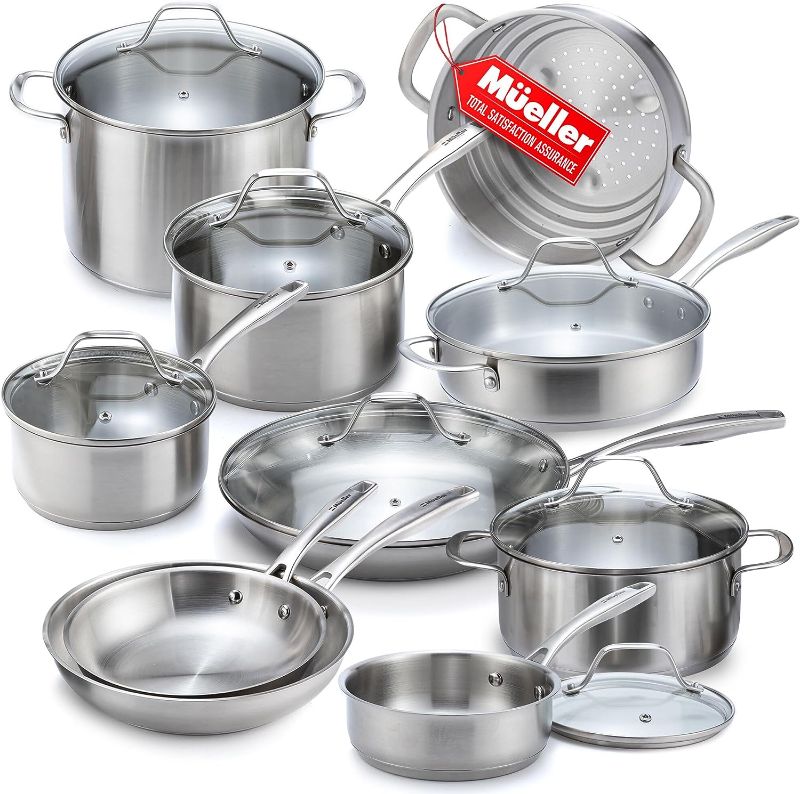 Photo 1 of Mueller Pots and Pans Set 17-Piece, Ultra-Clad Pro Stainless Steel Cookware Set, Ergonomic EverCool Handle, Includes Saucepans, Skillets, Dutch Oven, Stockpot, Steamer More
