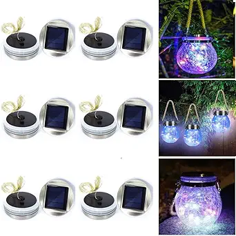 Photo 1 of Solar Crackle Glass Globe Jar Lid Lights Replacements Top Part,6Pack 30 LEDs 8cm/3.15Inch Diameter Fairy Firefly Jar Lids,Waterproof Hanging Mason Jar String Lights Lids(Jars Not Included) (Colorful