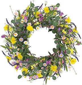 Photo 1 of Summer Wreath 22" Spring Wreaths for Front Door Artificial Spring Wreath with Eucalyptus Leaf Lavender Daisy for Indoor Outdoor Home Decor Festival Celebrations