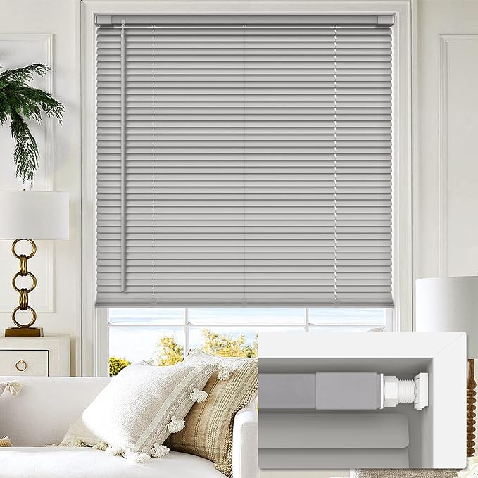 Photo 1 of LazBlinds Cordless No Tools-No Drill 1" Vinyl Horizontal Mini Blinds, Light Filtering Blinds for Windows, Blinds & Shades for Window Size 26" W x 64" H, Grey
