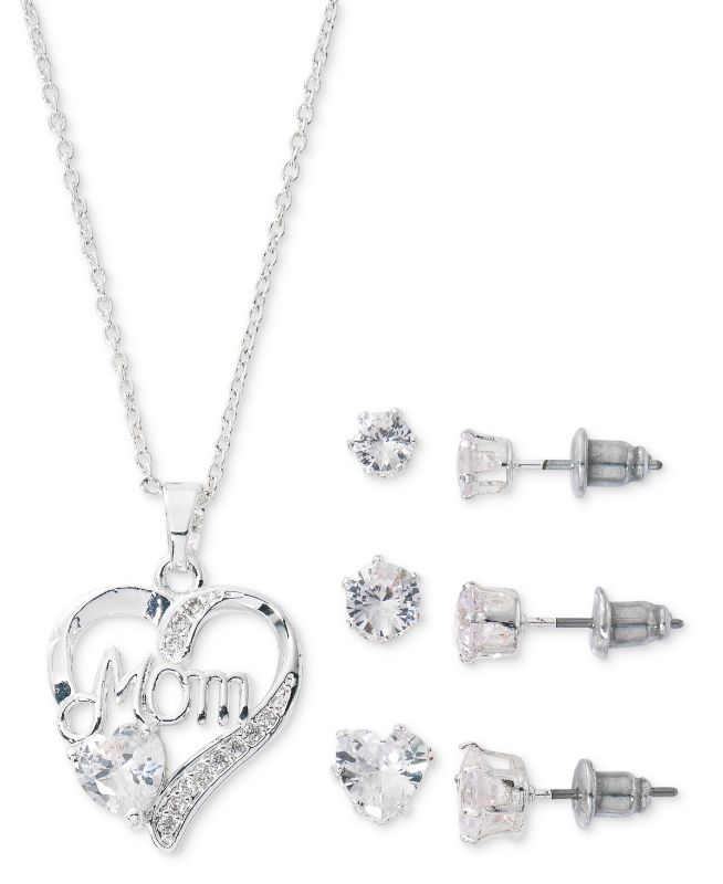 Photo 1 of 4-Pc. Set Fine Silver-Plated Cubic Zirconia Mom Heart Pendant Necklace & Stud Earrings - Silver