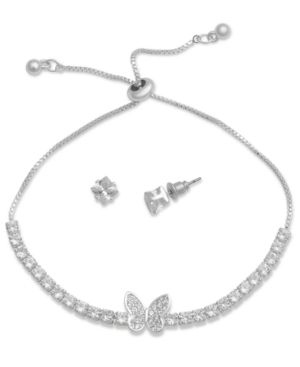 Photo 1 of Silver Plated Cubic Zirconia Adjustable Butterfly Bracelet and Stud Earring Set - Silver