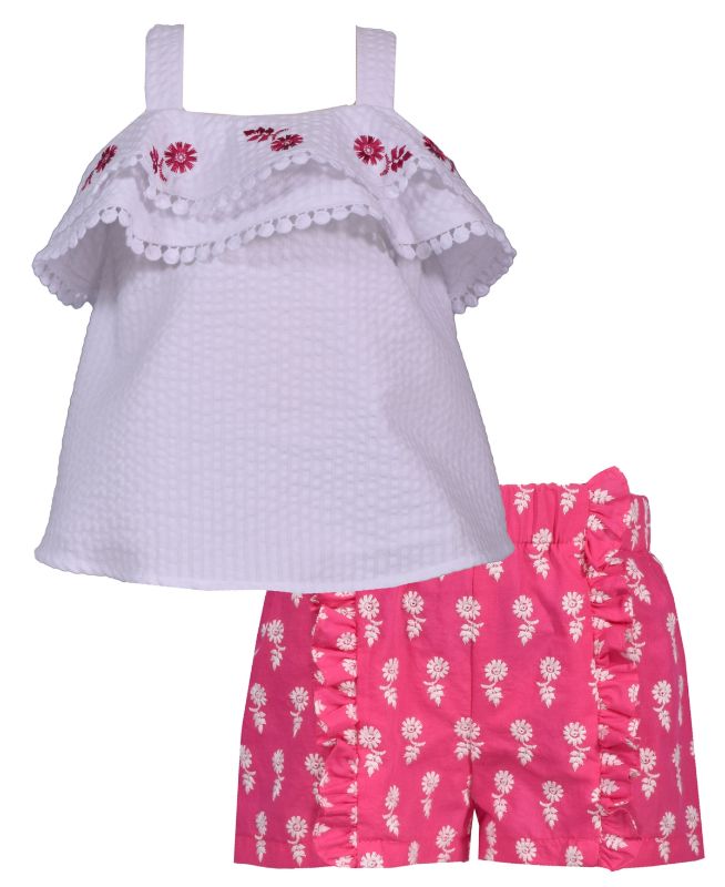 Photo 1 of 3-6M Bonnie Baby Baby Girls Seersucker Embroidered Top and Ruffled Shorts - Pink