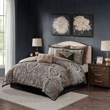 Photo 1 of Madison Park Signature Grandover Jacquard 9-Piece King Comforter Set in Taupe. Set includes one (1) comforter, two (2) matching shams, two (2) Euro Shams(3 for King), three (3)Decorative Pillows. Polyester jacquard. Removable comforter insert