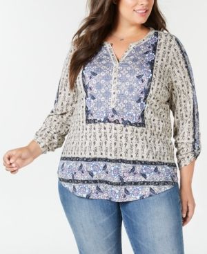 Photo 1 of SIZE OX Style & Co Plus Size Mixed-Print Shirttail Hem Blouse