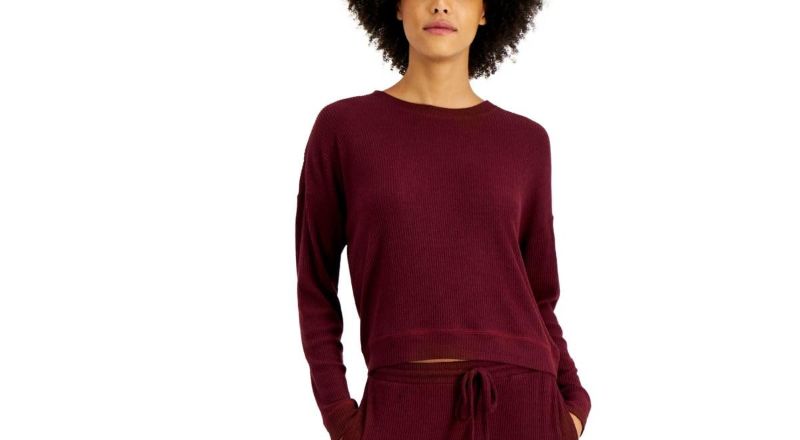 Photo 1 of ALFANI Ribbed Wide Leg Pajama Set, Port Royale Red, Large