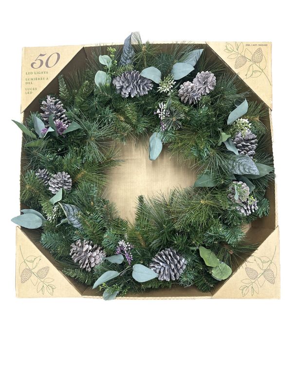 Photo 1 of 30-In Pre- Artificial Natural Christmas Wreath 50 LED Lights Battery Operated