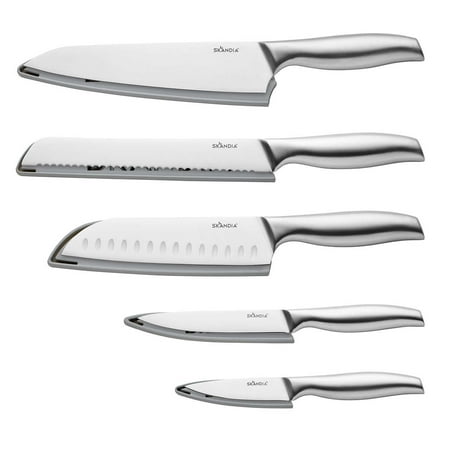 Photo 1 of Skandia 5 Piece Stainless Steel Cutlery Set with Blade Guards

Skandia 5 Piece Stainless Steel Cutlery Set with Blade Guards Includes: (1) 8 Chef’s knife with blade guard (1) 8 Bread knife with blade guard (1) 7 Santoku knife with blade guard (1) 5 Utilit
