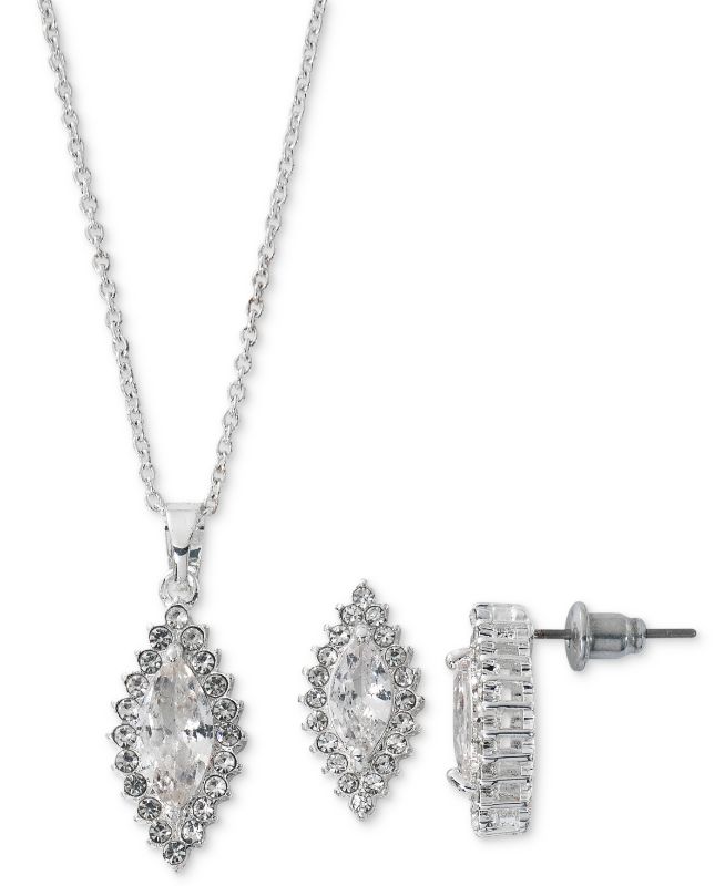 Photo 1 of Cubic Zirconia Navette Pendant Necklace & Drop Earrings Set in Fine Silver Plate - Silver