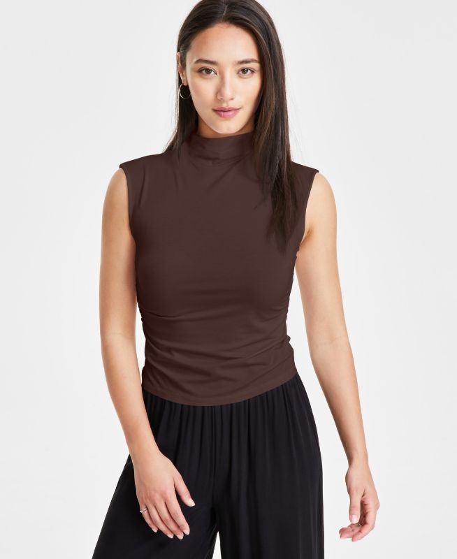 Photo 1 of Bar Iii Petite Side-Ruched Mock-Neck Sleeveless Top - Chicory Coffee - Size Medium