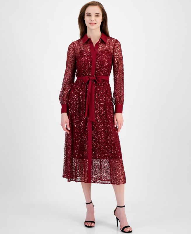 Photo 1 of Anne Klein Women's Button-Front Tie-Waist Sequin Dress - Cabernet Noir - Size 4