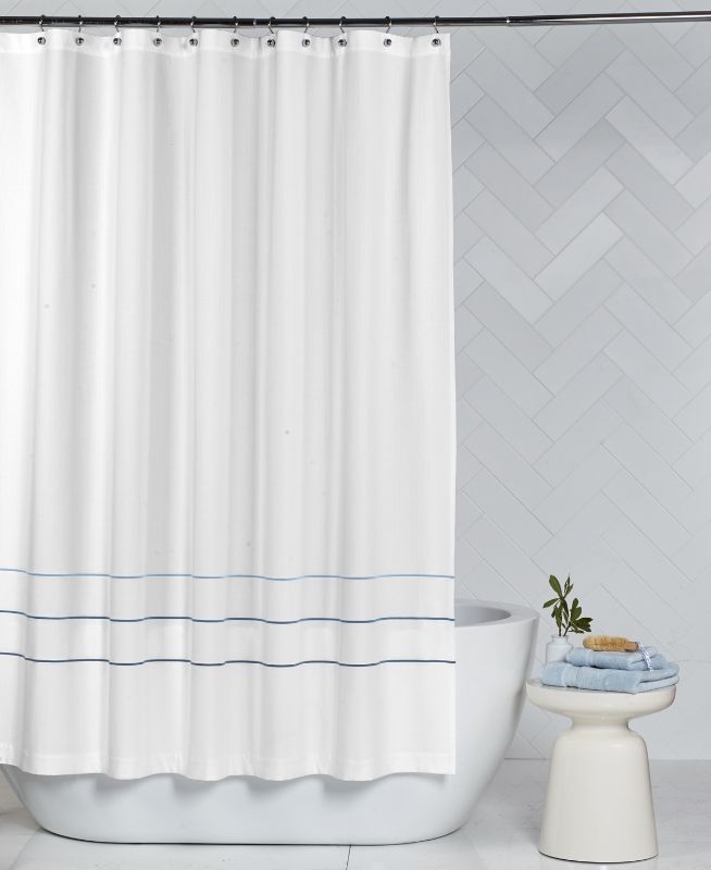 Photo 1 of Hotel Collection Borderline Shower Curtain - White W/ Blue Stripe