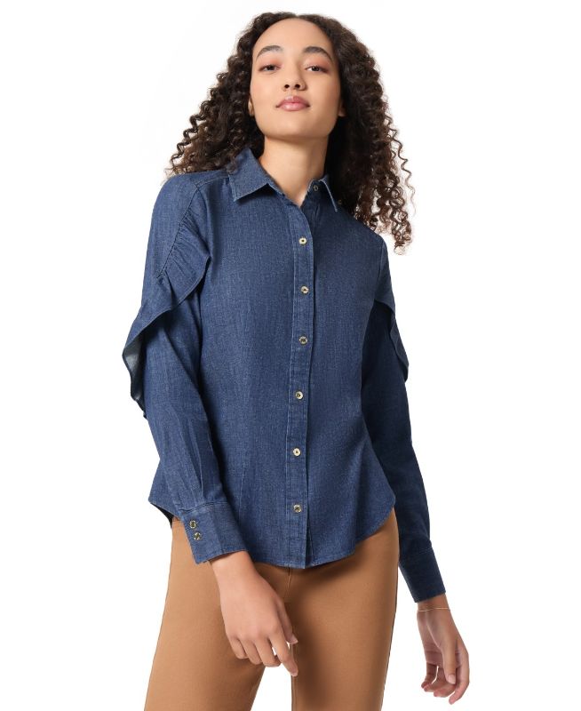 Photo 1 of Jones New York Women's Ruffled Denim Button-Down Top - Size Large