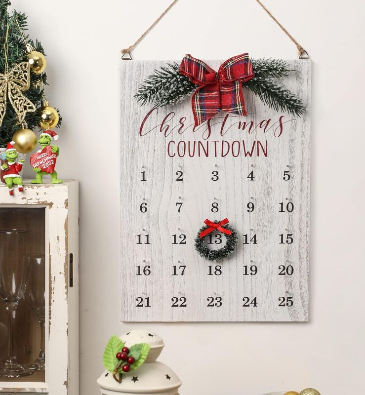 Photo 1 of Christmas Countdown Calendar, Farmhouse Christmas Wreath Calendar, Vintage Advance Count Down to Christmas Sign, Xmas Wooden Hanging Decor for Wall Holiday(White)
