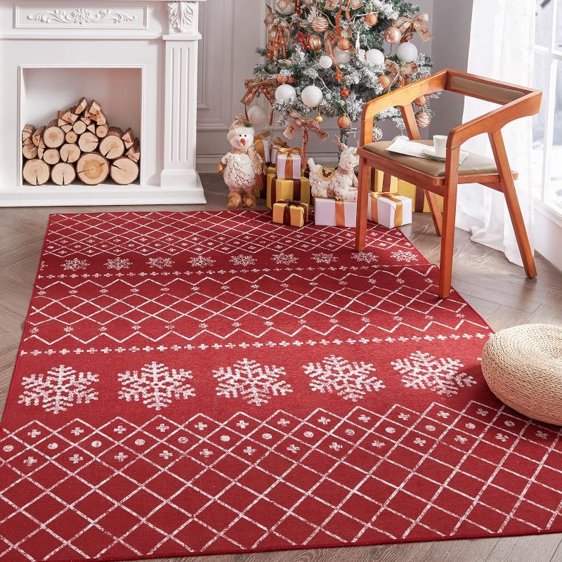 Photo 1 of COLLACT Christmas Area Rug 3x5 Xmas Rug Modern Rug Christmas Kitchen Rugs Washable Rug Non Slip Moroccan Red Carpet Holiday Decor Geometric Soft Accent Rug for Bathroom Bedroom Dining Room Living Room 3'x5' Snowflake Red