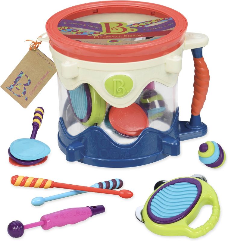 Photo 1 of B. Toys – Drumroll Please – 7 Musical Instruments Toy Drum Kit for Kids 18 Months + (7-Pcs) & Squeeze Baby Blocks - Building Blocks for Toddlers – Educational Baby Toys 6 Months & Up