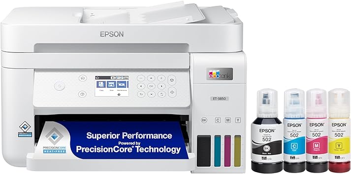 Photo 1 of Epson EcoTank ET-3850 Wireless Color All-in-One Cartridge-Free Supertank Printer with Scanner, Copier, ADF and Ethernet – The Perfect Printer Home Office,White
