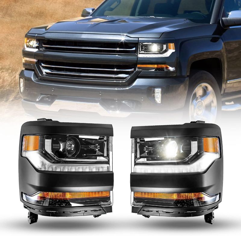 Photo 1 of ROXX HID Projector Headlight Headlamps Assembly Compatible with 2016 2017 2018 2019 Chevy Silverado 1500 w/High Low Beam DRL Driver & Passenger Side (Black Frame/Clear Lens)