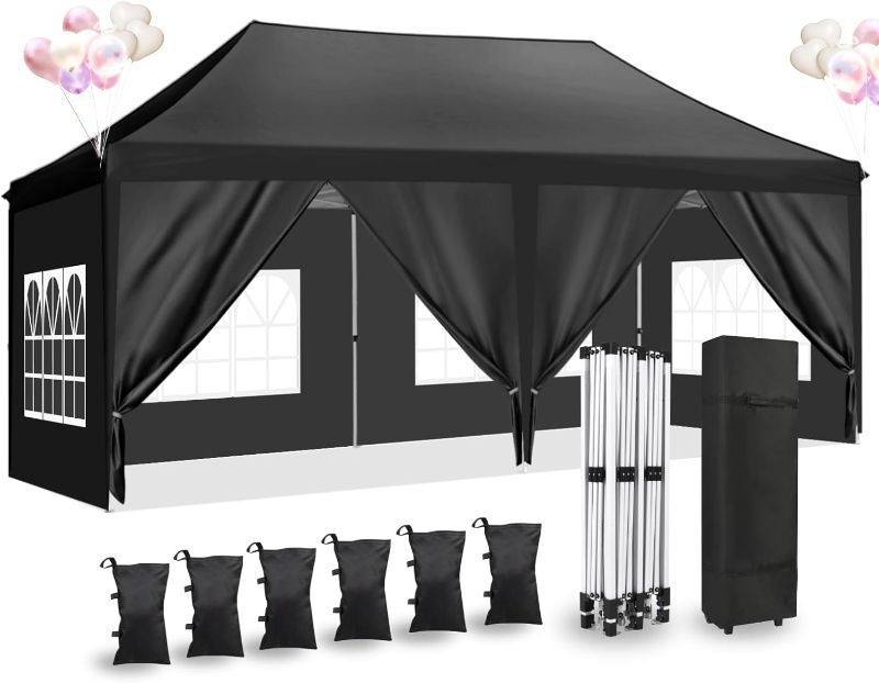 Photo 1 of CAJECUS 10'x20' Pop Up Canopy Tent with 3 Removable Sidewalls,Ez Up Outdoor Canopy for Parties,Waterproof Commercial Tent with 3 Adjustable Height, Carry Bag,6 Sand Bags,4 Ropes and 8 Stakes Black 10x20