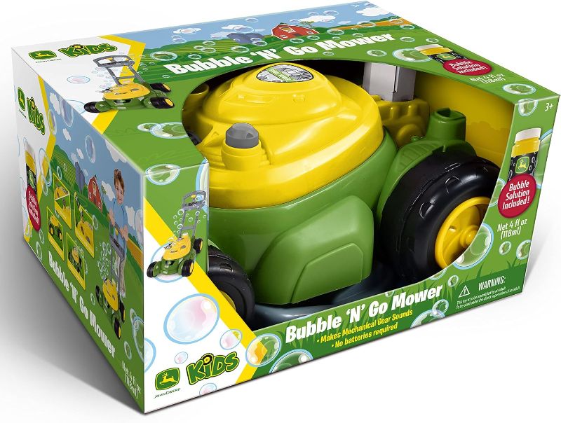 Photo 1 of John Deere Bubble-N-Go Mower – Toy Lawn Mower with Bubble Solution | Green Automatic Bubble Machine | No Batteries Required – Sunny Days Entertainment,Green/Yellow
