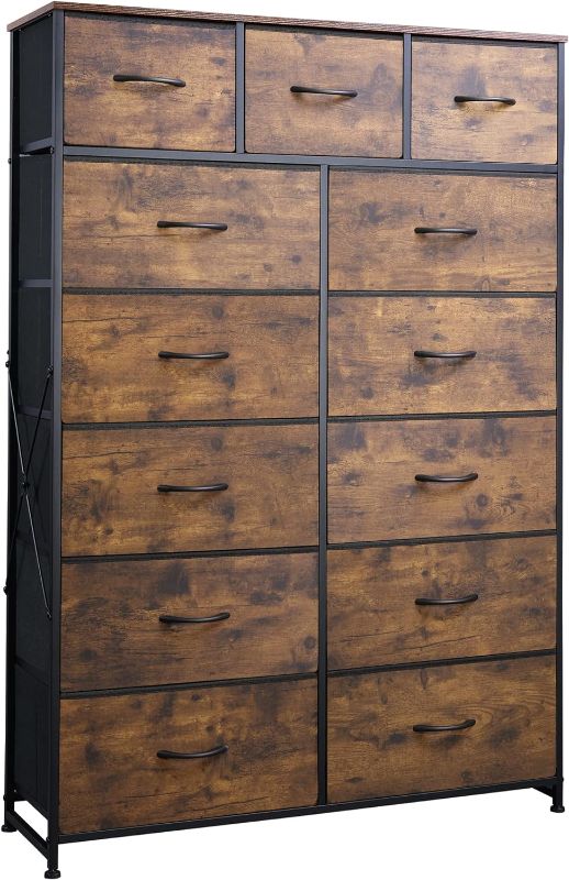 Photo 1 of WLIVE Tall Dresser for Bedroom with 13 Drawers, Storage Dresser Organizer Unit, Fabric Dresser for Bedroom, Closet, Chest of Drawers, Steel Frame, Wood Top, Rustic Brown Wood Grain Print
