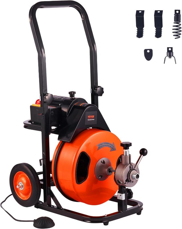 Photo 1 of VEVOR Drain Cleaner Machine 50FT x 1/2Inch, Auto Feed Sewer Snake Auger with 4 Cutter & Air-activated Foot Switch for 1" to 4" Pipes, Orange, Black
