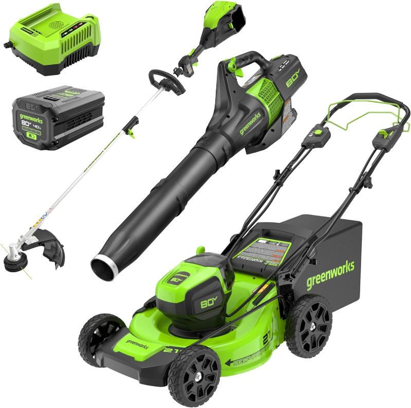 Photo 1 of Greenworks 80V 21” Brushless (Self-Propelled) Cordless Electric Lawn Mower + (580 CFM) Axial Leaf Blower + 16” (Attachment Capable) String Trimmer
