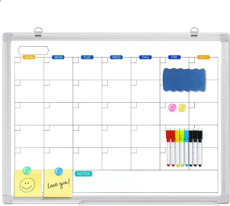 Photo 1 of Monthly Dry Erase Calendar Whiteboard for Wall, 24" x 18" Magnetic White Board Calendar Dry Erase, Wall Hanging Silver Aluminum Frame Calendar Board with Tray for Home, Kitchen, School, Office
