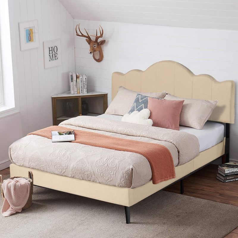 Photo 1 of VECELO Full Upholstered Platform Bed Frame with Adjustable Headboard, Mattress Foundation with Strong Wood Slat Support, No Box Spring Needed, Khaki
