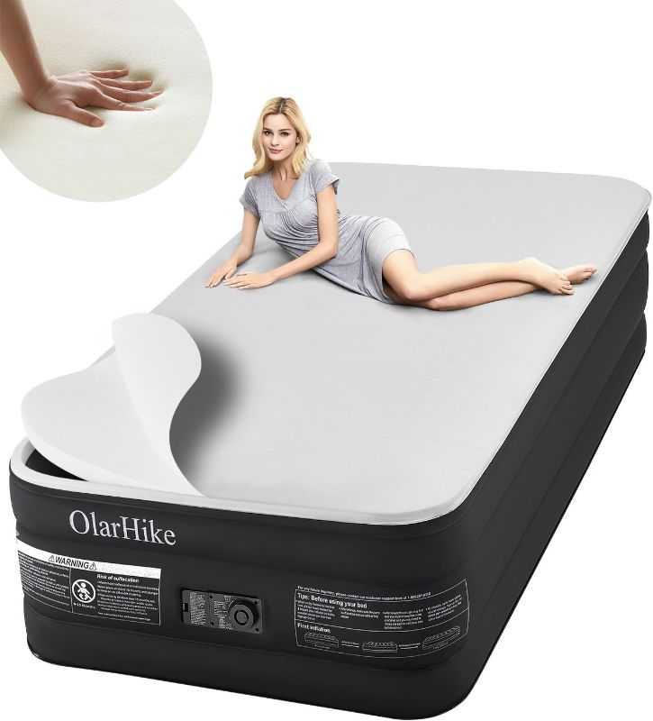 Photo 1 of OlarHike Signature Collection Twin Air Mattress with Built in Pump,18” Luxury Air Mattress with Silk Foam Topper for Camping, Home & Guests, Fast & Easy Inflation/Deflation Airbed Black

