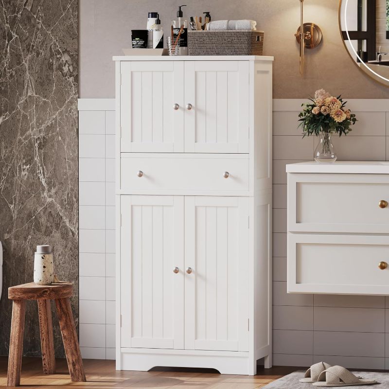 Photo 1 of Rovaurx Tall Storage Cabinet with Adjustable Shelf, Bathroom Floor Storage Cabinet with Drawer, Traditional 4 Door Kitchen Pantry, 23.6" L x 11.8" W x 50.4" H White BMGZ106W
