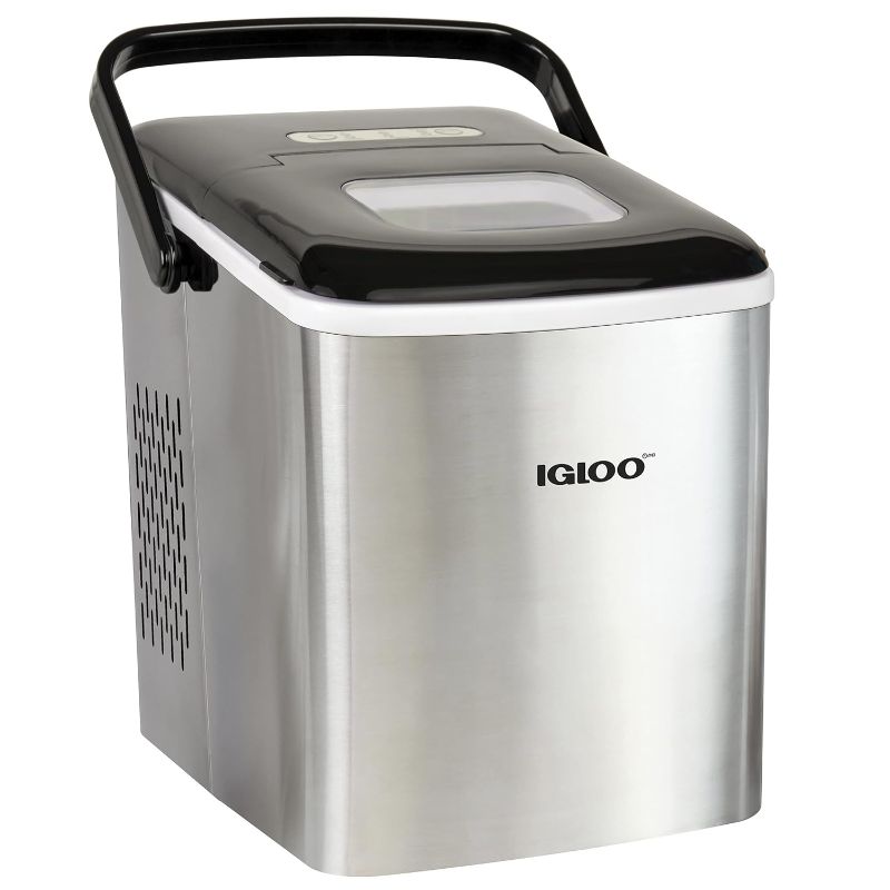 Photo 1 of Igloo Automatic Self-Cleaning Portable Electric Countertop Ice Maker Machine With Handle, 26 Pounds in 24 Hours, 9 Ice Cubes Ready in 7 minutes, With Ice Scoop and Basket, Stainless Steel
