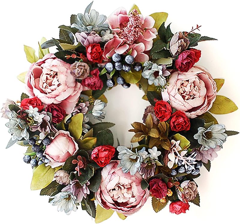 Photo 1 of Souarts 14" Peony Wreath Spring Wreath, Spring Wreath for Front Door, Colorful Red Peony Valentines Wreath for Indoor Outdoor, Home Office Wall Holiday Peony Wreath Decor Valentines Day Wreath
