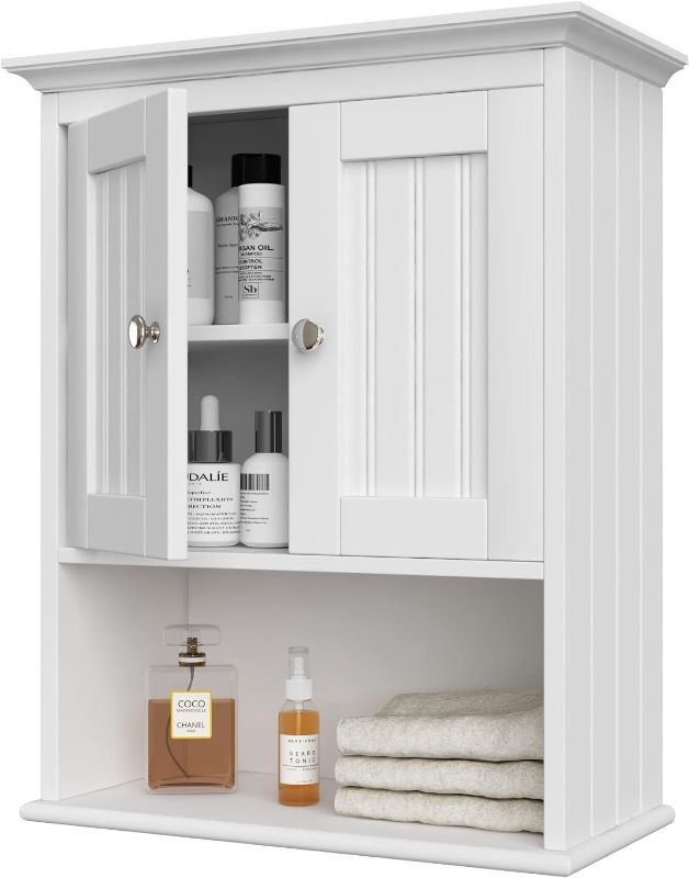Photo 1 of Treocho Wood Wall Cabinet, Bathroom Medicine Cabinet Storage with Doors and Adjustable Shelf, Rustic Cabinet Wall Mounted for Bathroom, Livingroom, Kitchen, Cupboard, White
