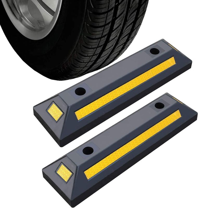 Photo 1 of 2 Pack Rubber Parking Guide Blocks Heavy Duty Wheel Stop Stoppers for Car Garage Parks Professional Grade Parking Rubber Curb w/Yellow Refective Stripes for Truck RV Trailer 21.25"(L)x5.7"(W)x3.54"(H)
