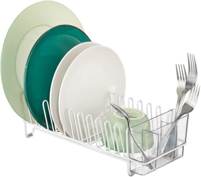 Photo 1 of mDesign Steel Compact Modern Dish Drying Rack with Removable Cutlery Tray, Caddy - Dish Drainer, Dish Rack for Kitchen Counter, Sink - Holds Dishes, Utensil, Board - Concerto Collection - White/Clear
