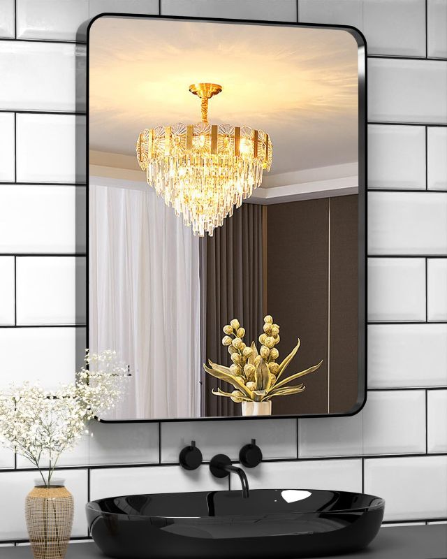 Photo 1 of Black Bathroom Mirror for Wall, 30x22 Inch Rectangular Black Metal Framed Mirror for Over Sink, Modern Wall Mounted Vanity Mirror for Bathroom, Vertical or Horizontal
