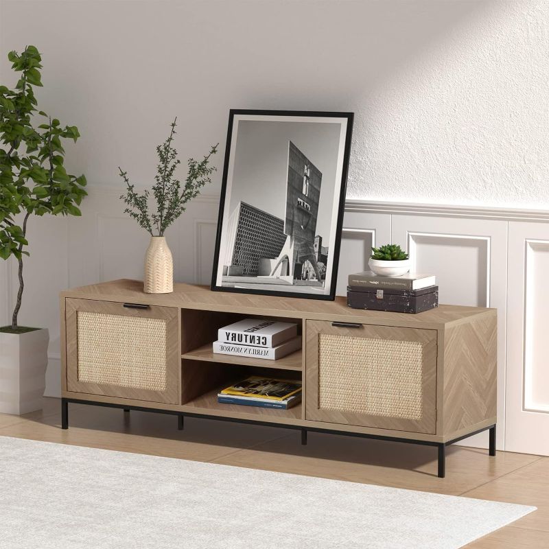 Photo 1 of Anmytek Rattan TV Stand for 65 Inch TV Mid Century Modern Entertainment Center with Natural Rattan Door & Herringbone Texture Large TV Console Table for Living Room, Natural Oak
