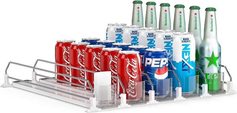 Photo 1 of Soda Can Dispenser for Refrigerator,Self-Pushing Drink Organizer for Fridge, Width Adjustable Fridge Organization, Beer Pop Can Water Bottle Drink Dispenser for Fridge (15.1" D) White (5 Row, White)
