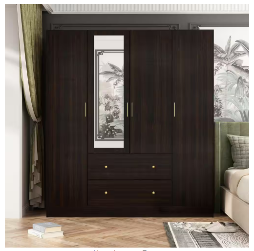 Photo 1 of -ONLY COMES WITH BOX NUMBER 1 OF 2, MISSING BOX NUMBER 2 OF 2-Brown Wood Grain 63 in. W 4-Door Big Armoires With Mirror, 2 Hanging Rods, 2 Drawers, Storage Shelves (70.9 in. H)
