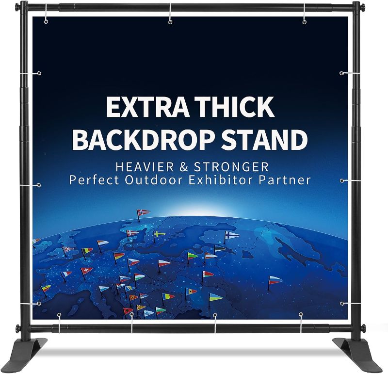 Photo 1 of Banner Stand Backdrop - Banner Holder with Adjustable Poster Stand & Retractable Height Up to 5x7 - 8x10 ft Adjustable Telescopic Display Stand for Trade Show, Photo Booth, Wall Exhibitor Background
