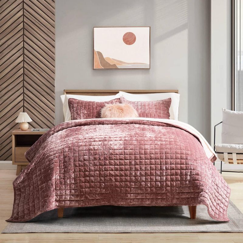 Photo 1 of RECYCO Luxury Velvet Quilt Set King Size, Lightweight Velvet Comforter Set, Oversized Bedspread Coverlet Quilted Bedding Set, with 2 Matching Pillow Shams, for All Season, Dusty Mauve Pink
