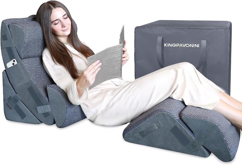 Photo 1 of KingPavonini 6PCS Orthopedic Bed Wedge Pillow for Sleeping, Post Surgery Memory Foam for Back, Neck, Leg Support, Acid Reflux, Gerd with Travel Bag (Gray, 20'')
