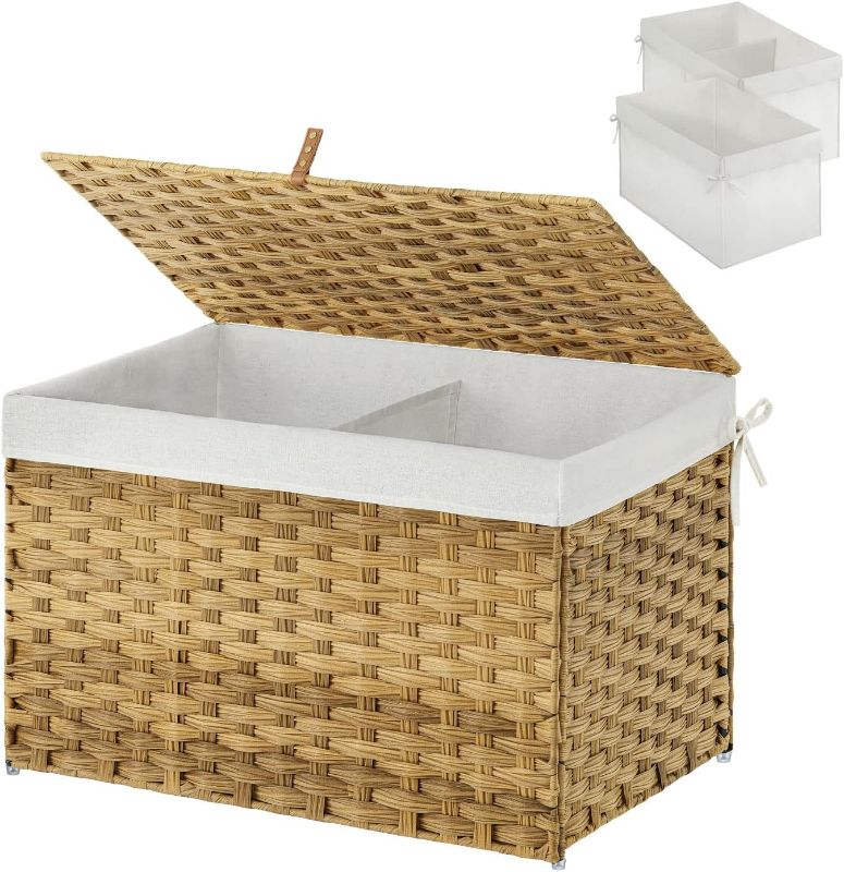 Photo 1 of Greenstell Storage Basket with Lid, 160L Handwoven Large Shelf Basket with Cotton Liner and Metal Frame, Foldable & Easy to Install, Storage Box Basket Bin with Handle for Bedroom,Laundry Room,Natural
