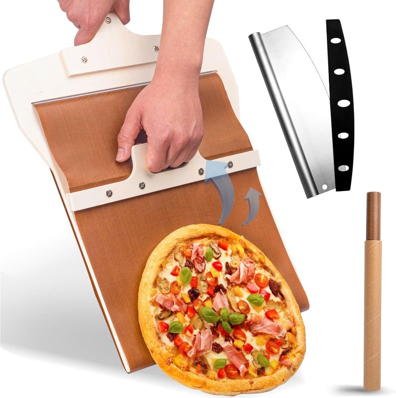 Photo 1 of Sliding Pizza Peel, Pizza Slider Paddle with Pizza Cutter Rocker, Non-Stick Pizza Peel Slider with Handle Detachable Transfers Pizza Pie, 12” Wood Elite Peel Sliding Pizza Peel with Replacement Cloth
